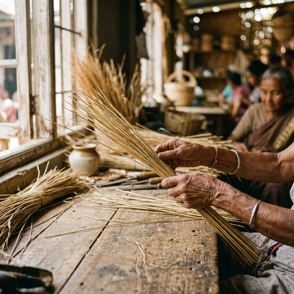 Artisan hands handling golden Kauna grass