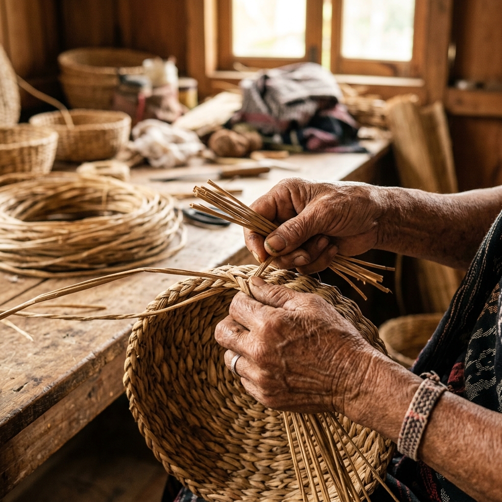 Artisans weaving a large basket by hand
